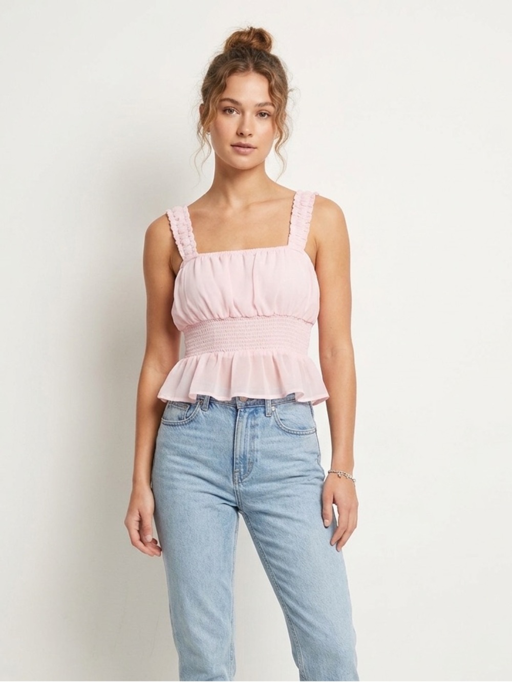 Smocked Waist Ruffle Tank Top - Light Pink
